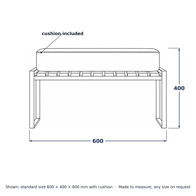 Pouf de jardin en acier avec coussin, dessin au trait avec dimensions standard