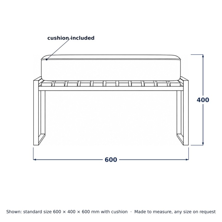 Pouf de jardin en acier avec coussin, dessin au trait avec dimensions standard