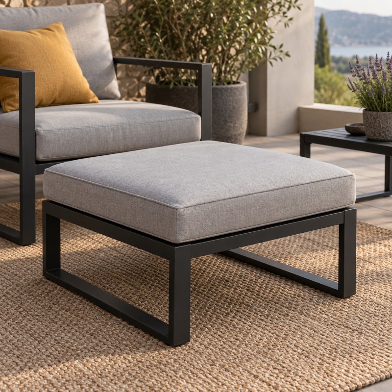 Steel Garden Pouf with Cushion, as a footrest in front of a garden armchair