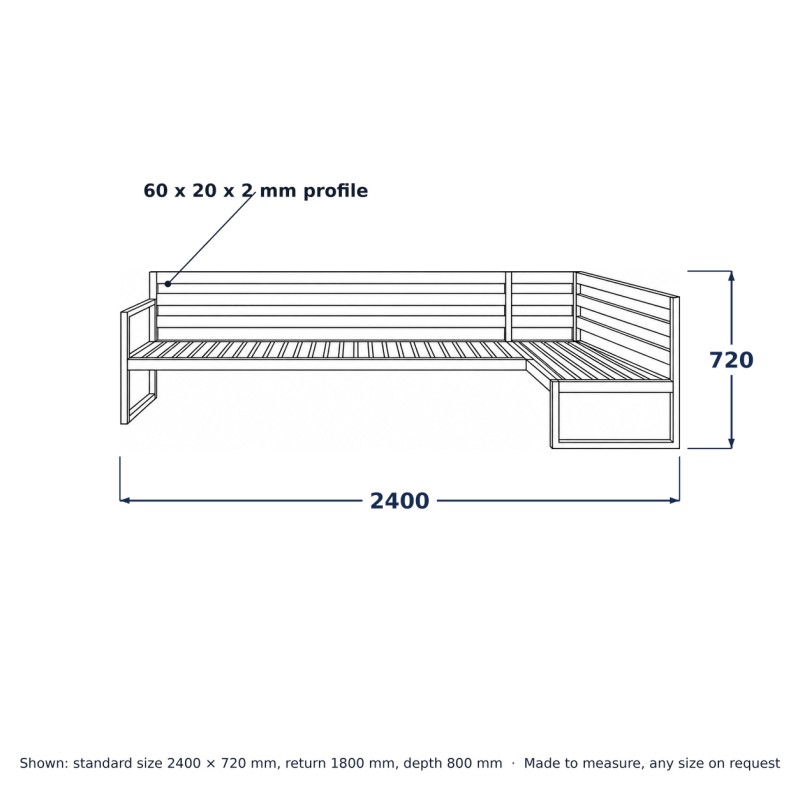 Loft Garden Corner Sofa, line drawing with standard dimensions