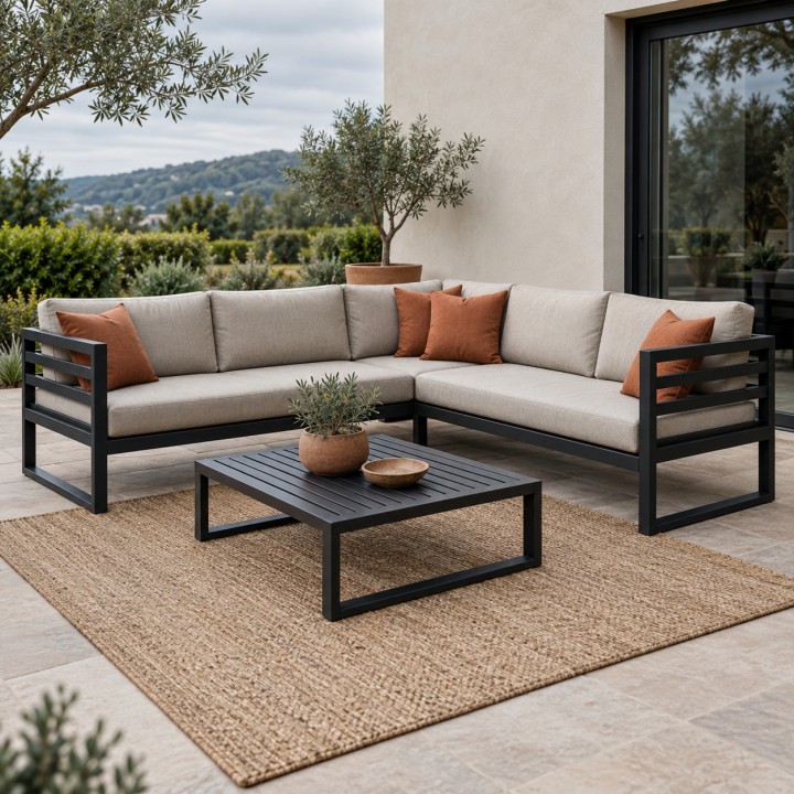 Divano angolare da giardino Loft, con cuscini e tavolino su una grande terrazza