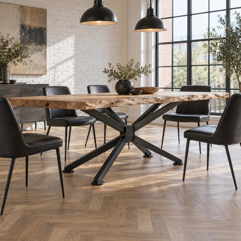 Base de mesa araña de acero, bajo un tablero de roble con canto natural en un comedor loft