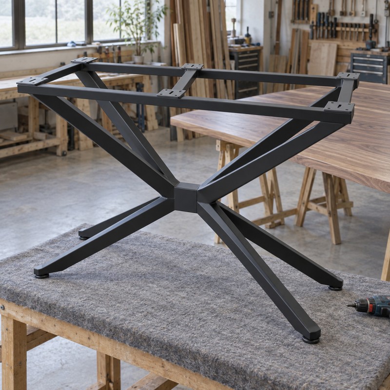 Piètement de table araignée en acier, retourné en atelier pendant la fixation d'un plateau en bois
