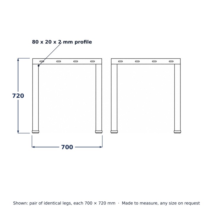 U-Shaped Table Legs (Pair), line drawing with standard dimensions