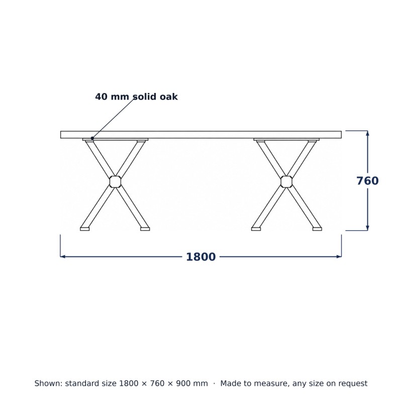 Table à manger loft pieds en X, dessin au trait avec dimensions standard