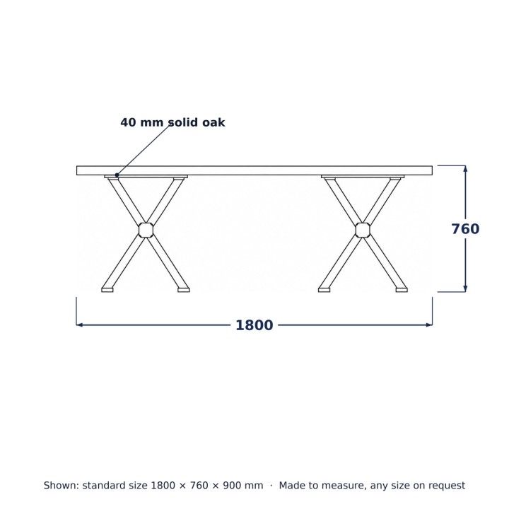 Table à manger loft pieds en X, dessin au trait avec dimensions standard