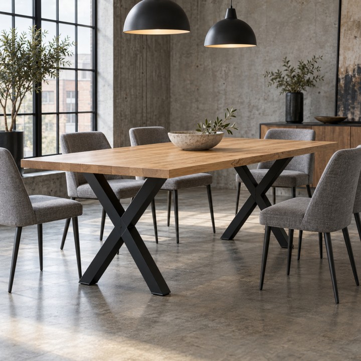 Mesa de comedor loft con patas en X, con seis sillas en un comedor loft