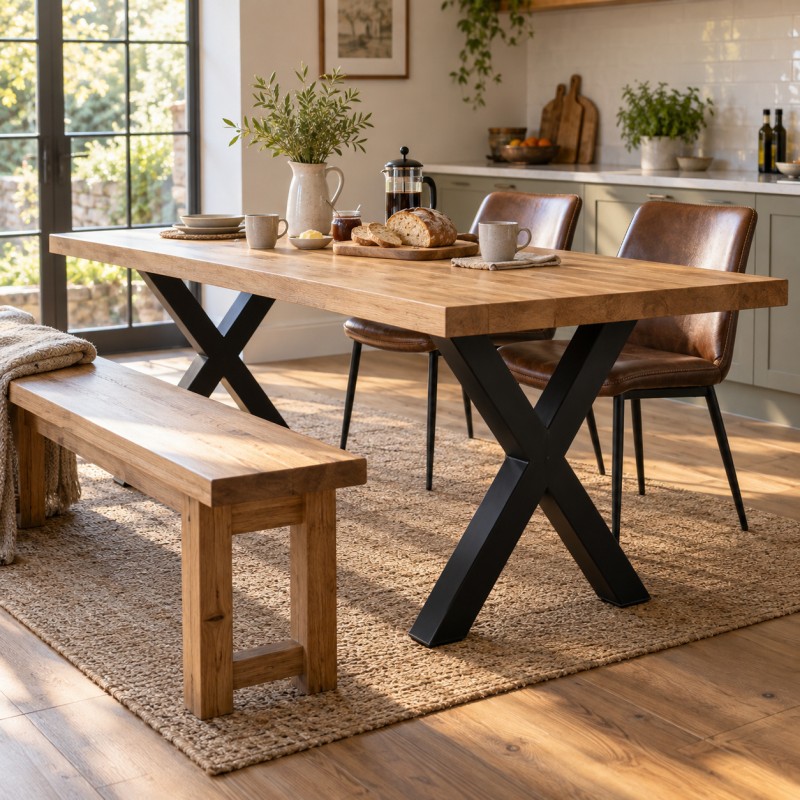 Table à manger loft pieds en X, dressée pour le petit-déjeuner dans une cuisine familiale