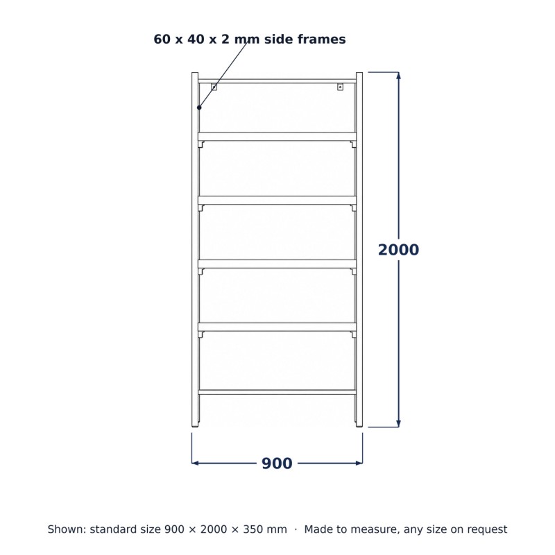 Bibliothèque loft en acier et chêne, dessin au trait avec dimensions standard