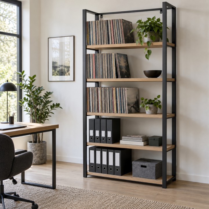Libreria stile loft in acciaio e rovere, in uno studio di casa accanto alla scrivania