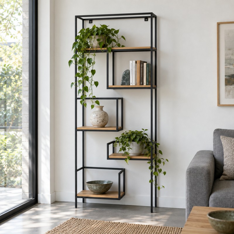 Asymmetric Loft Shelving Unit, with plants and books beside a sofa