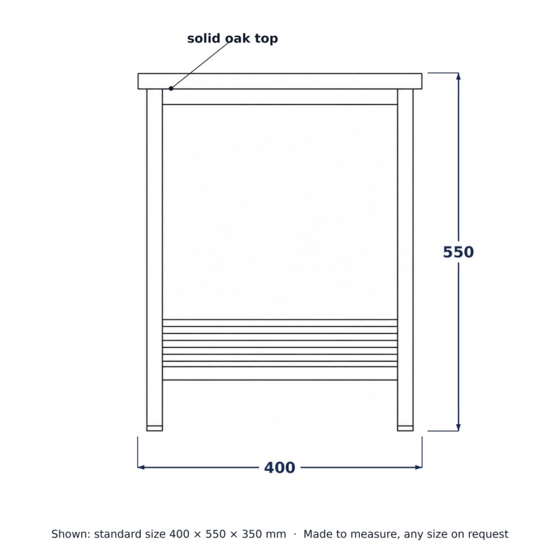 Table de chevet loft en acier et chêne, dessin au trait avec dimensions standard