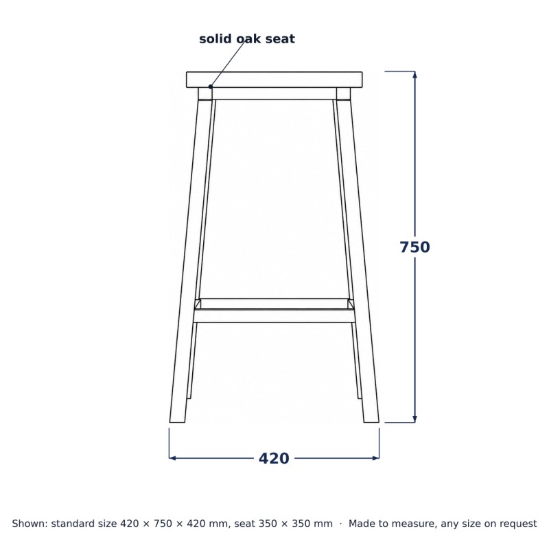 Tabouret de bar loft en acier et chêne, dessin au trait avec dimensions standard