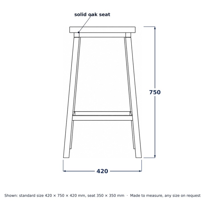 Taburete de bar estilo loft de acero y roble, dibujo lineal con medidas estándar