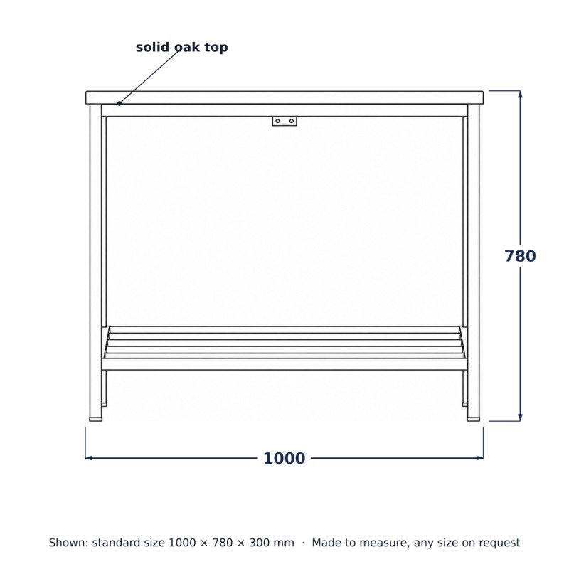 Loft Console Table in Steel and Oak, line drawing with standard dimensions