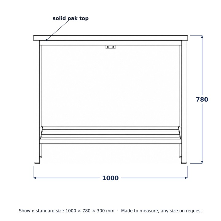 Consolle stile loft in acciaio e rovere, disegno al tratto con misure standard
