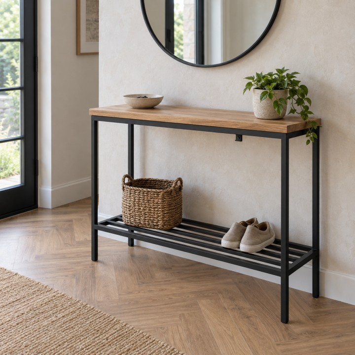 Loft Console Table in Steel and Oak, in an entrance hall under a round mirror