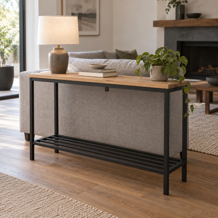 Loft Console Table in Steel and Oak, behind a sofa in a living room