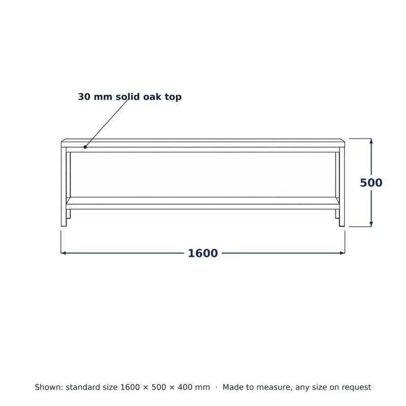Mobile TV stile loft in acciaio e rovere, disegno al tratto con misure standard
