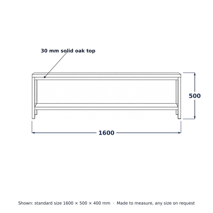 Meuble TV loft en acier et chêne, dessin au trait avec dimensions standard