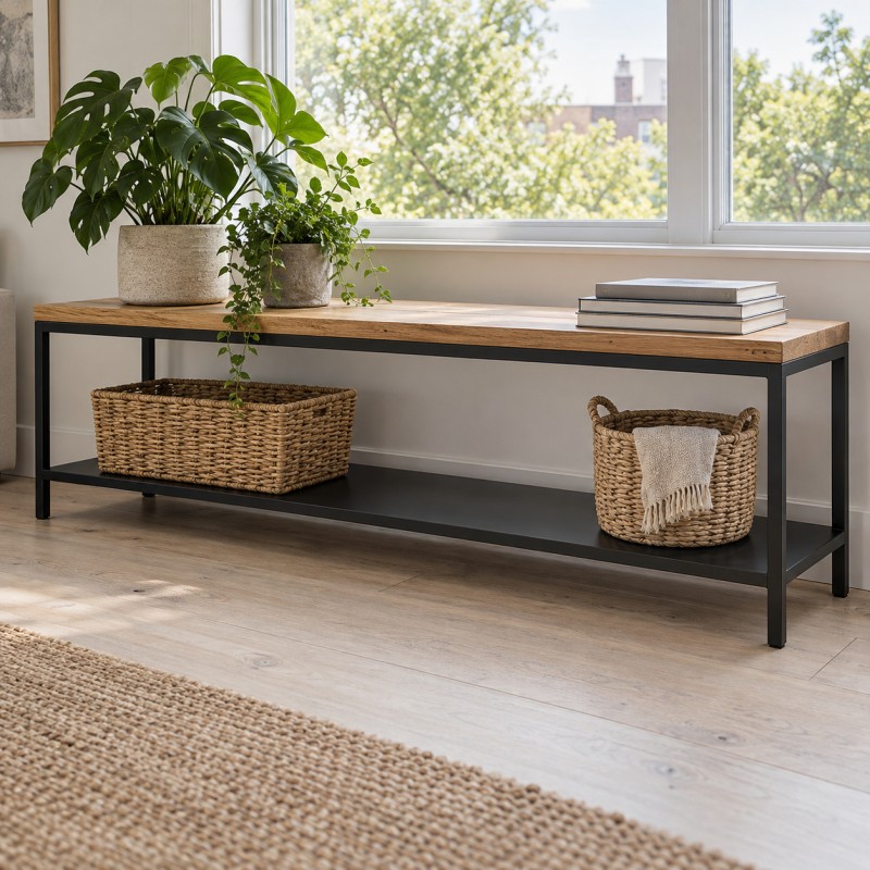 Mueble de TV estilo loft de acero y roble, como aparador bajo con plantas y libros