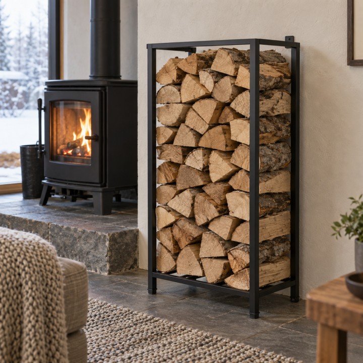 Steel Firewood Rack, filled with logs beside a wood stove
