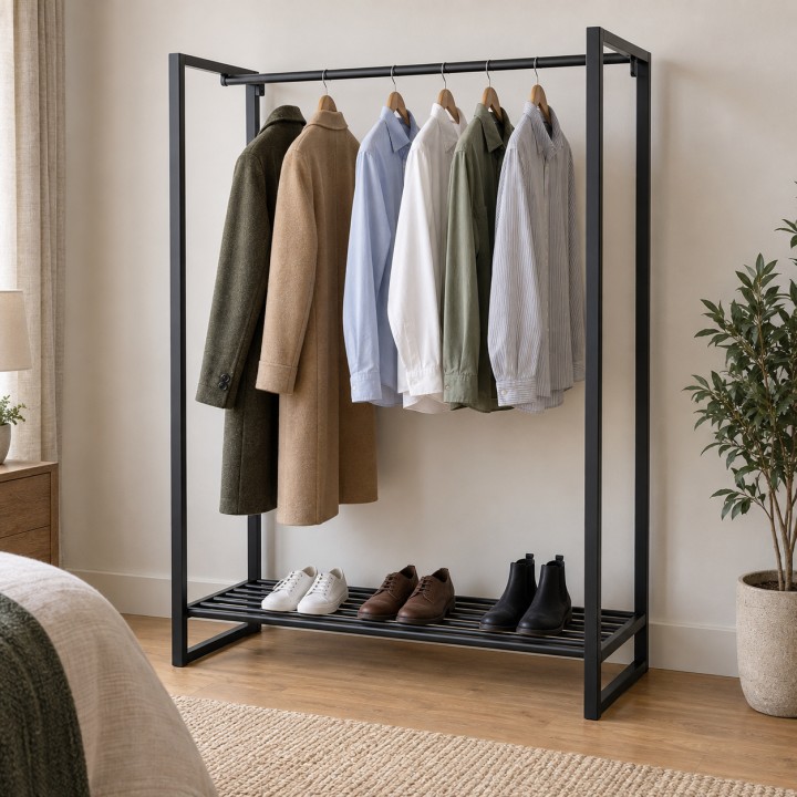 Loft-Kleiderständer mit Schuhablage, mit Hemden und Mänteln in einer Schlafzimmerecke
