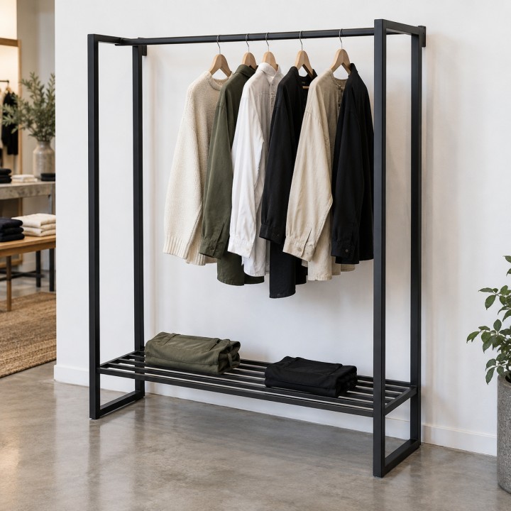 Loft-Kleiderständer mit Schuhablage, an der Wand eines kleinen Modegeschäfts