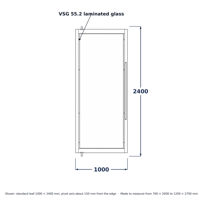Steel and Glass Pivot Loft Door, line drawing with standard dimensions