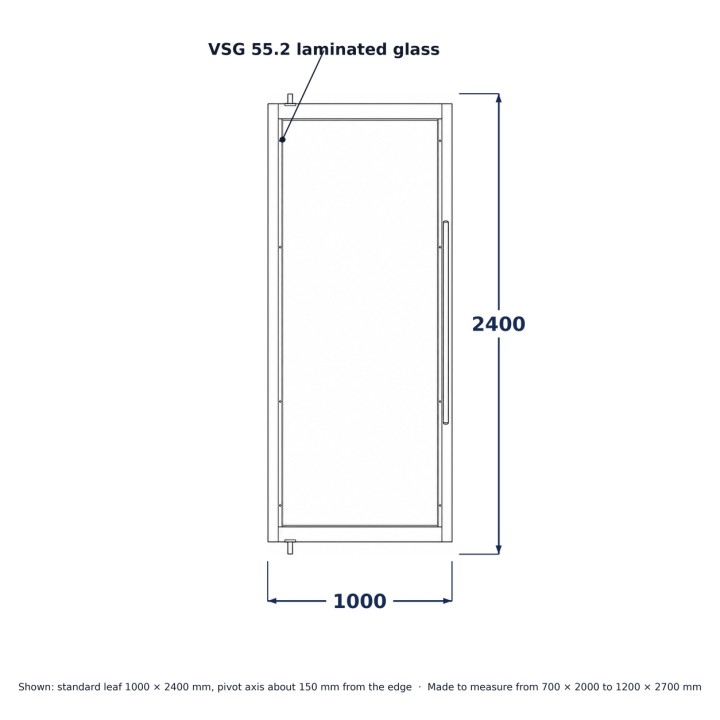 Puerta pivotante estilo loft de acero y vidrio, dibujo lineal con medidas estándar