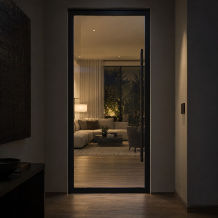 Steel and Glass Pivot Loft Door, closed at night with the room lit behind the glass