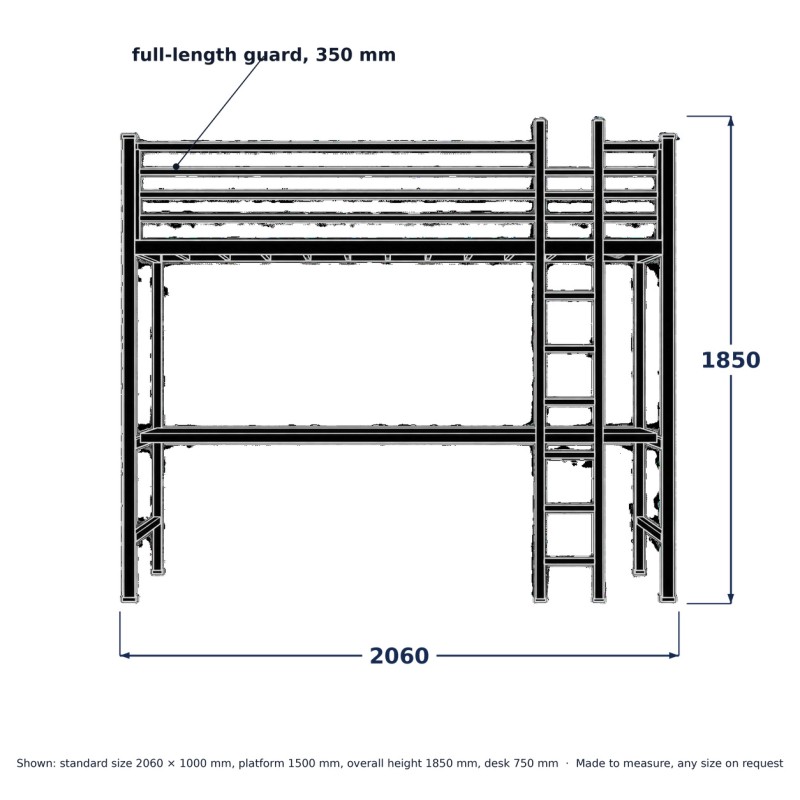 Loft Bed with Integrated Desk, line drawing
