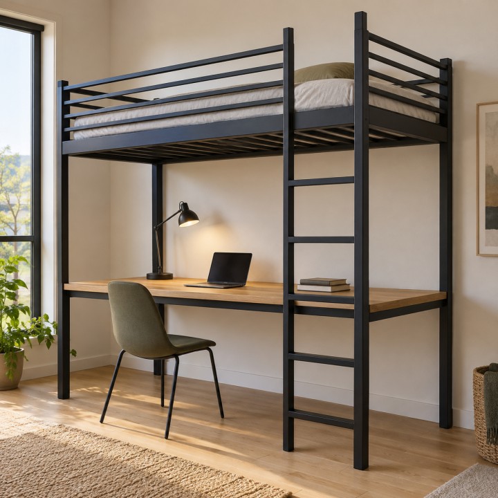 Cama alta con escritorio integrado, en un dormitorio juvenil con zona de estudio
