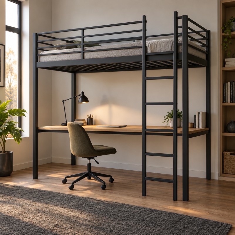 Cama alta con escritorio integrado, en un estudio compacto