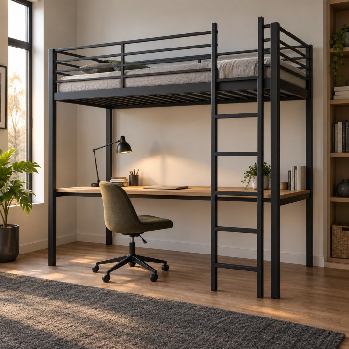 Hochbett mit integriertem Schreibtisch, in einer kompakten Einzimmerwohnung