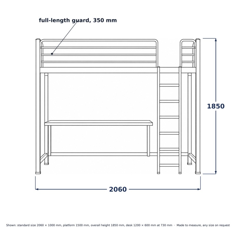 Loft Bed with Desk and Rounded Guard Rail, line drawing