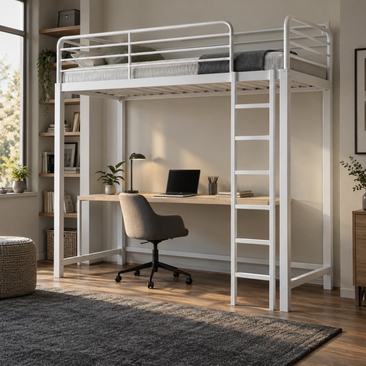 Lit mezzanine avec bureau et garde-corps arrondi, dans une petite chambre en ville