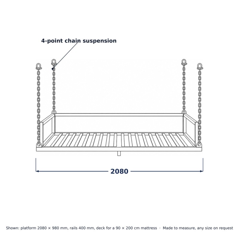 Hanging Daybed Swing in Steel, line drawing with standard dimensions