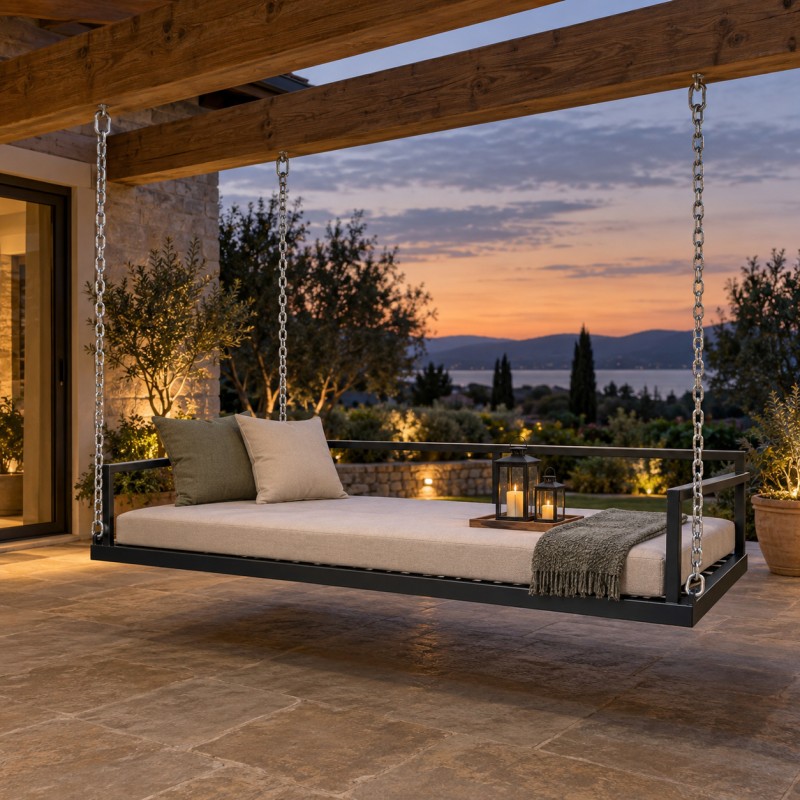 Cama colgante de acero con cadenas, bajo una pérgola de madera al anochecer