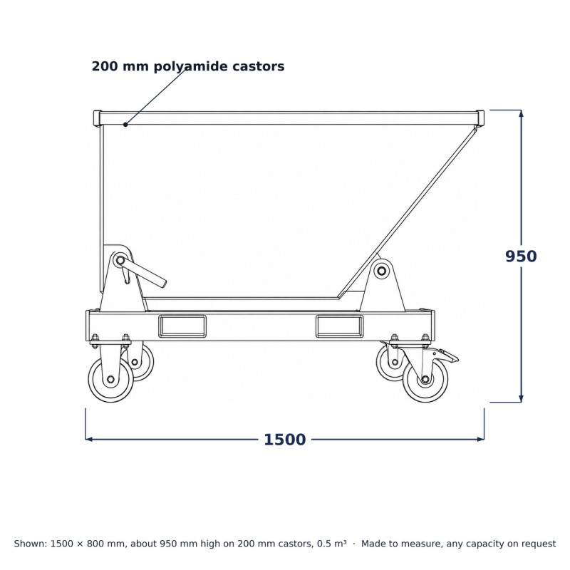 Benne basculante en acier sur roulettes, dessin au trait avec dimensions standard