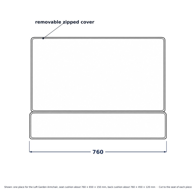 Jeu de coussins d'extérieur pour une place, dessin au trait avec dimensions standard