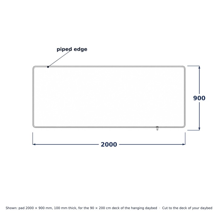 Outdoor Mattress Pad for Steel Daybeds, line drawing with standard dimensions