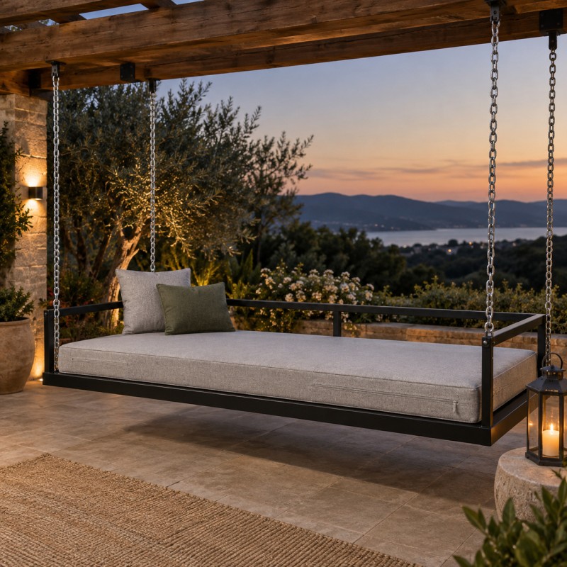 Materac zewnętrzny do stalowych leżanek daybed, na łóżku wiszącym pod pergolą