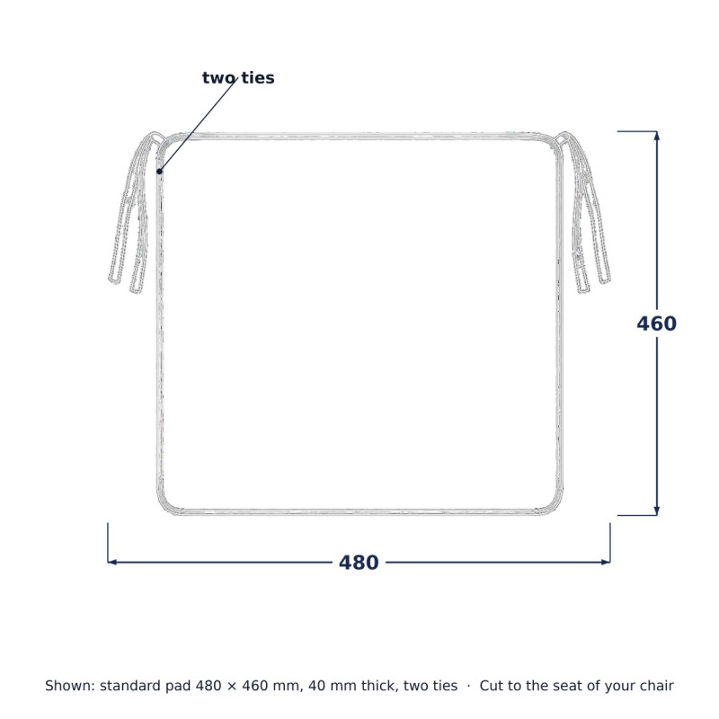 Outdoor Seat Pad for the Steel Garden Dining Chair, line drawing with standard dimensions