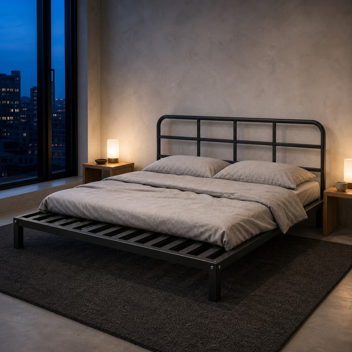 Loft Platform Bed 160, in an evening bedroom with a city view