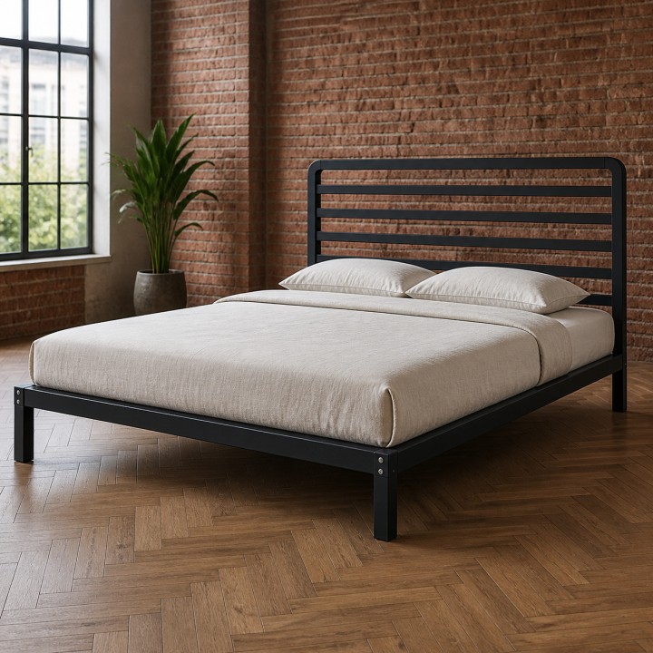 Loft Bed Frame with Headboard, in a bedroom with red brick and herringbone floor