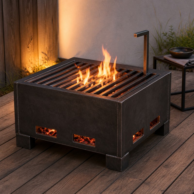 Feuerschale aus Stahl mit Grillrost, mit Feuer auf einer Holzterrasse am Abend