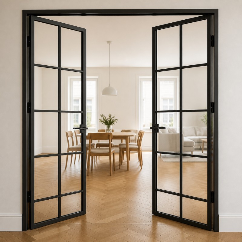 Porta Loft in Acciaio a Due Ante, aperta su una sala da pranzo luminosa