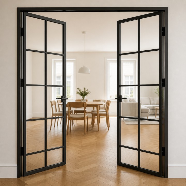 Puertas Loft de Acero de Doble Hoja, abiertas hacia un comedor luminoso