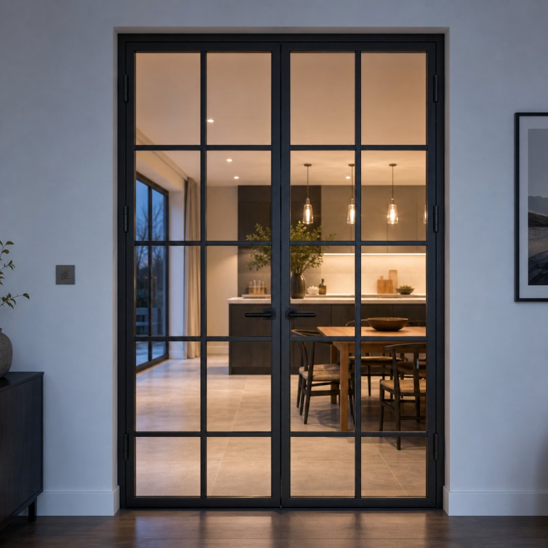 Double-Leaf Steel Loft Doors, closed, with a lit kitchen behind in the evening